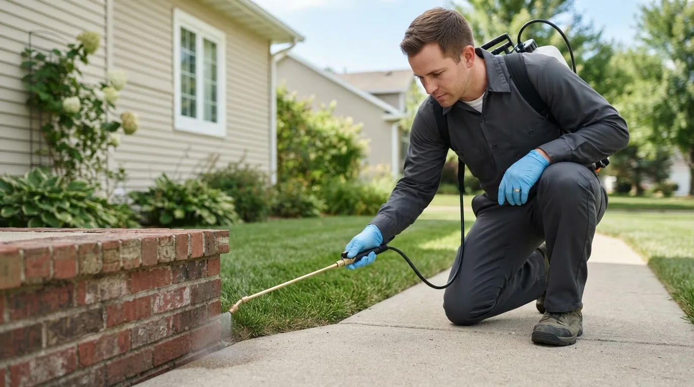 Pest control technician treating a home near Sunrise Beach, MO